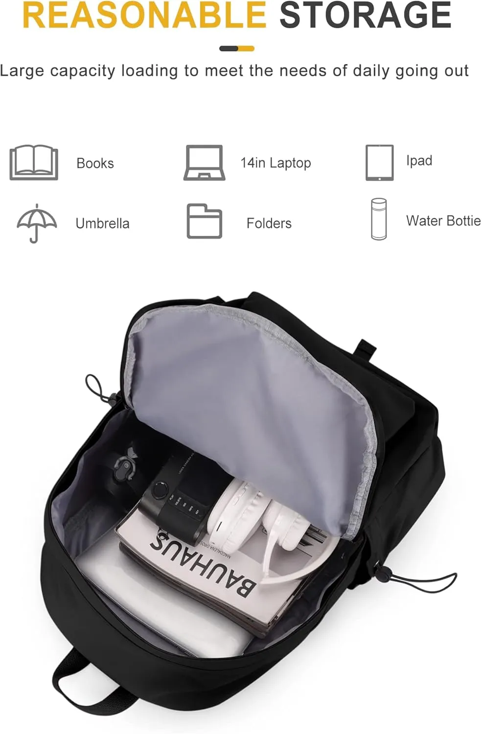 VECAVE School Backpack Black Waterproof Bookbag Casual Lightweight Travel Rucksack Daypack Backpacks for Men Women College High School Bags backpack for Boys Girls Teens
