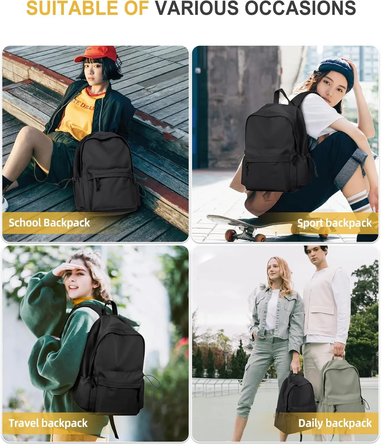 VECAVE School Backpack Black Waterproof Bookbag Casual Lightweight Travel Rucksack Daypack Backpacks for Men Women College High School Bags backpack for Boys Girls Teens