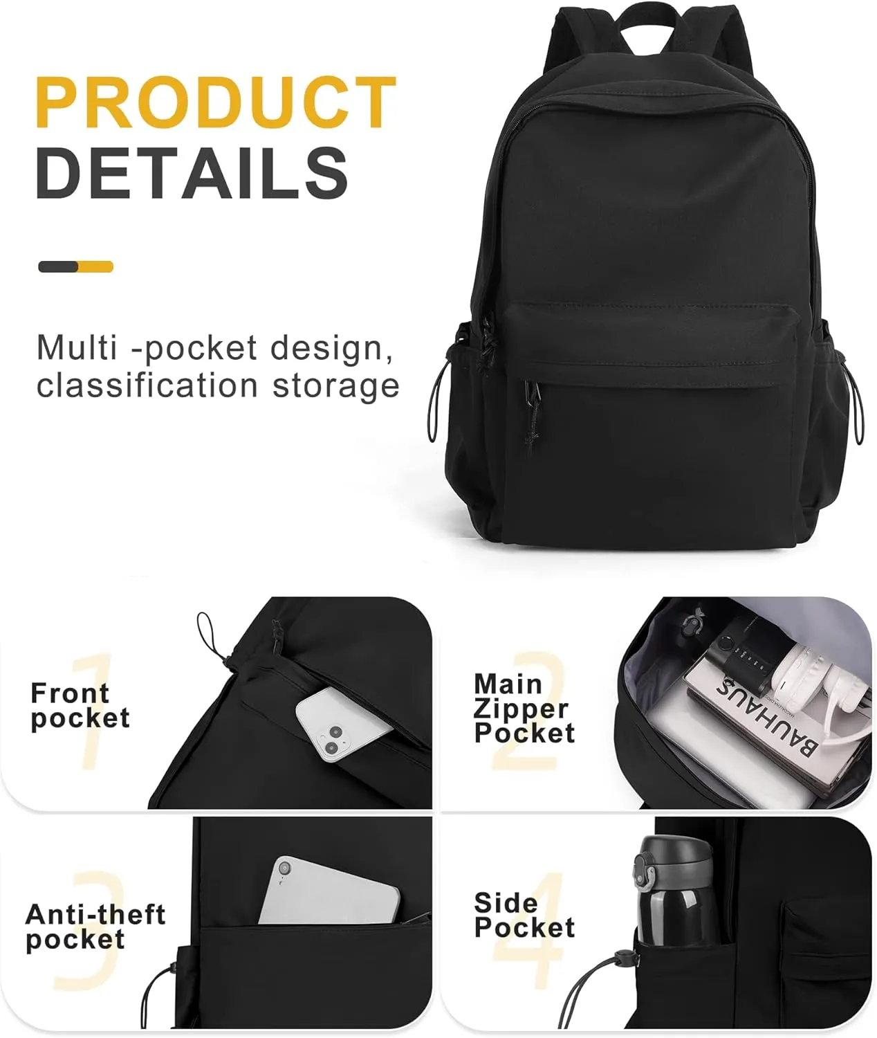 VECAVE School Backpack Black Waterproof Bookbag Casual Lightweight Travel Rucksack Daypack Backpacks for Men Women College High School Bags backpack for Boys Girls Teens