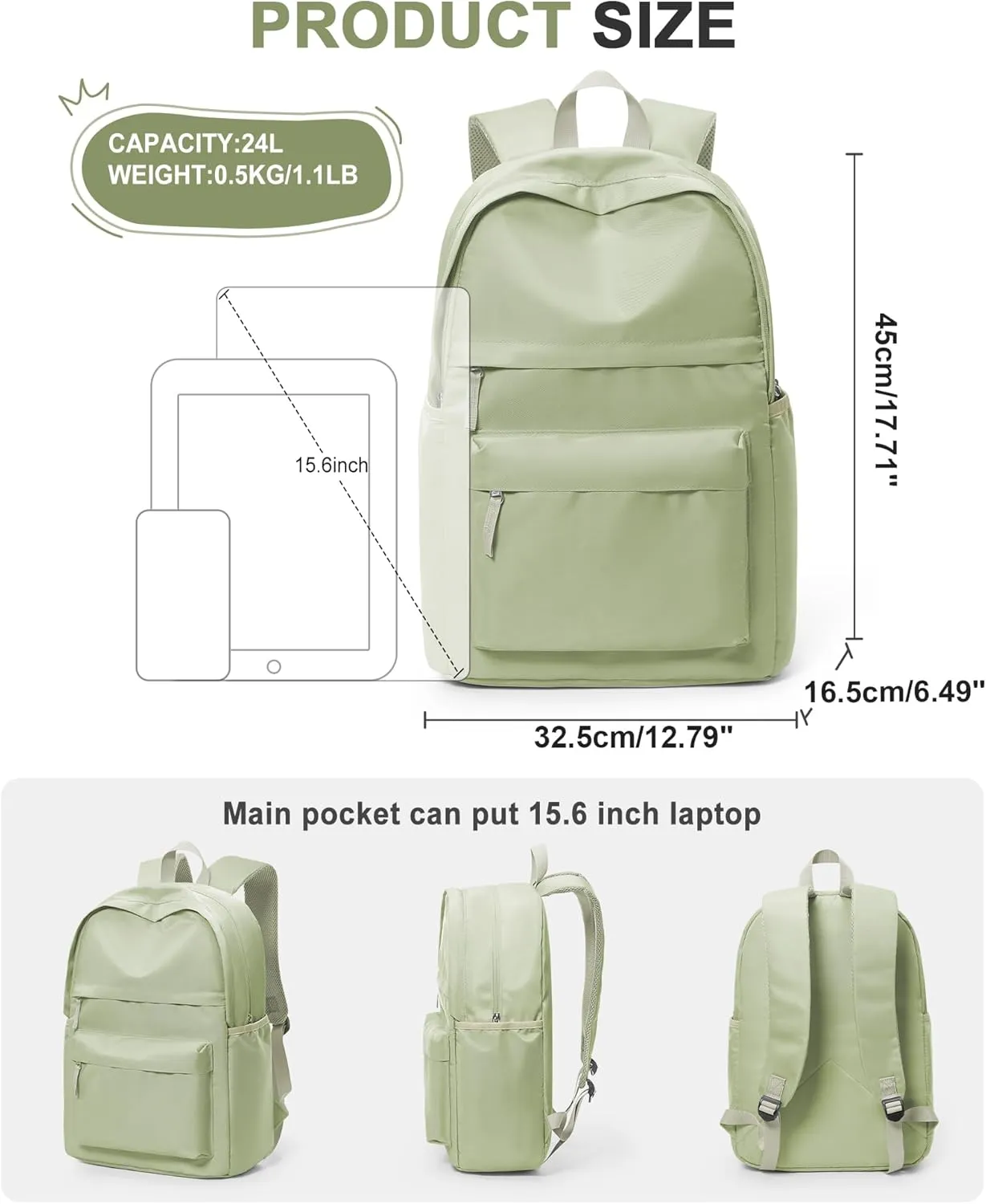 VECAVE School Backpack Green College High School Bags backpack for Boys Girls Teens Waterproof Bookbag Casual Lightweight Travel Rucksack Daypack Backpacks for Men Women