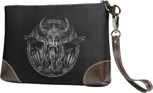 Viking Odin Raven Cowhide Leather Clutch Bag Small Clutch Purse with Wrist Straps Fashion Portable Travel Genuine Leather Clutch Bag for Women(A14)