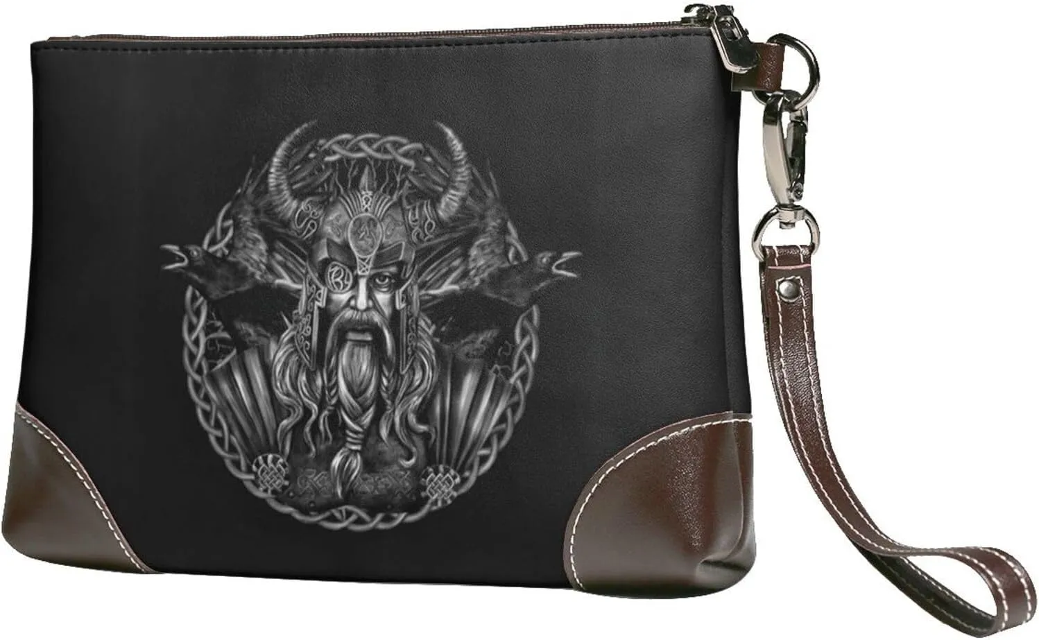 Viking Odin Raven Cowhide Leather Clutch Bag Small Clutch Purse with Wrist Straps Fashion Portable Travel Genuine Leather Clutch Bag for Women(A14)