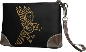Viking Odin Raven Cowhide Leather Clutch Bag Small Clutch Purse with Wrist Straps Fashion Portable Travel Genuine Leather Clutch Bag for Women(A21)
