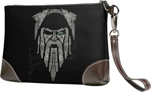 Viking Odin Raven Cowhide Leather Clutch Bag Small Clutch Purse with Wrist Straps Fashion Portable Travel Genuine Leather Clutch Bag for Women(A26)