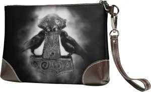 Viking Odin Raven Cowhide Leather Clutch Bag Small Clutch Purse with Wrist Straps Fashion Portable Travel Genuine Leather Clutch Bag for Women(A29)