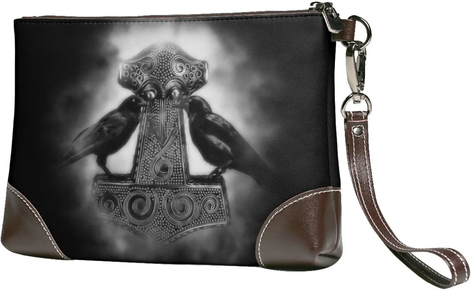 Viking Odin Raven Cowhide Leather Clutch Bag Small Clutch Purse with Wrist Straps Fashion Portable Travel Genuine Leather Clutch Bag for Women(A29)