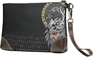 Viking Odin Raven Cowhide Leather Clutch Bag Small Clutch Purse with Wrist Straps Fashion Portable Travel Genuine Leather Clutch Bag for Women(A7)