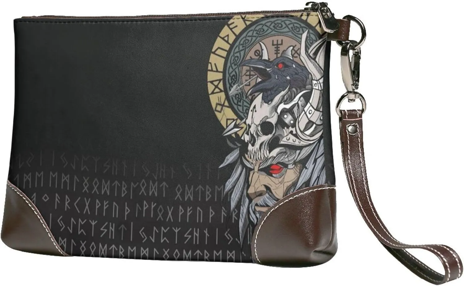 Viking Odin Raven Cowhide Leather Clutch Bag Small Clutch Purse with Wrist Straps Fashion Portable Travel Genuine Leather Clutch Bag for Women(A7)