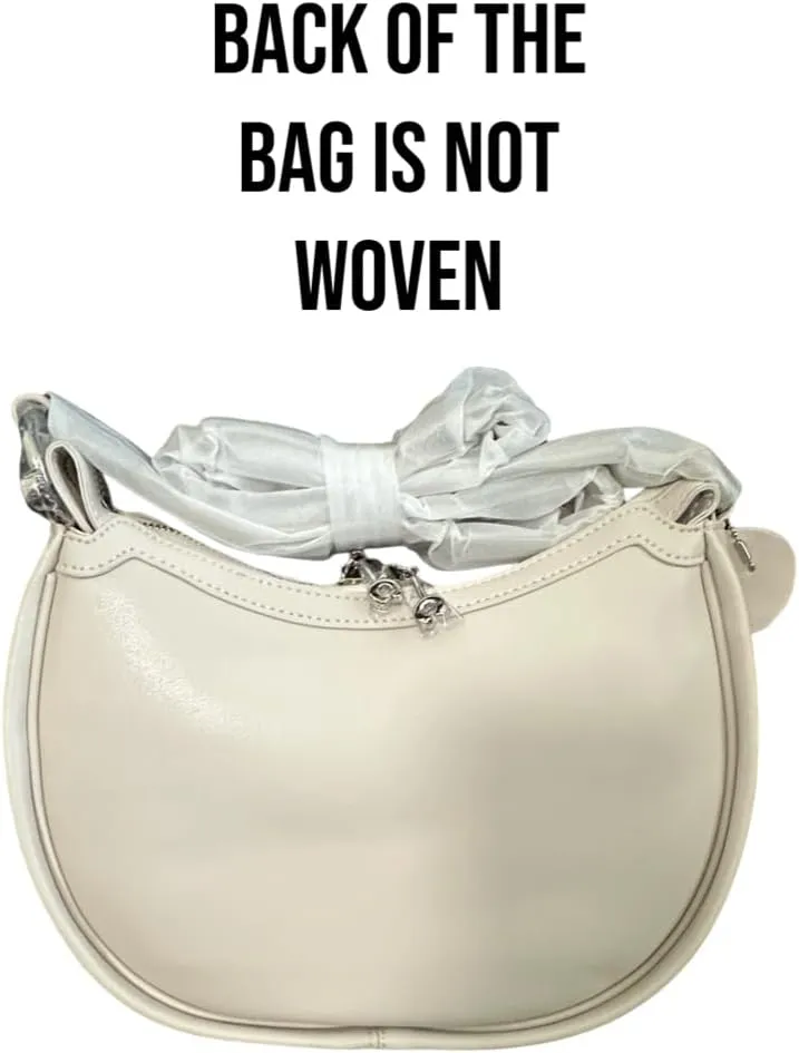 Vionli Half Moon Woven Purse for Women, Genuine Leather/Microfiber Handbags, Adjustable Strap, Trendy Shoulder Handbags (White Small)