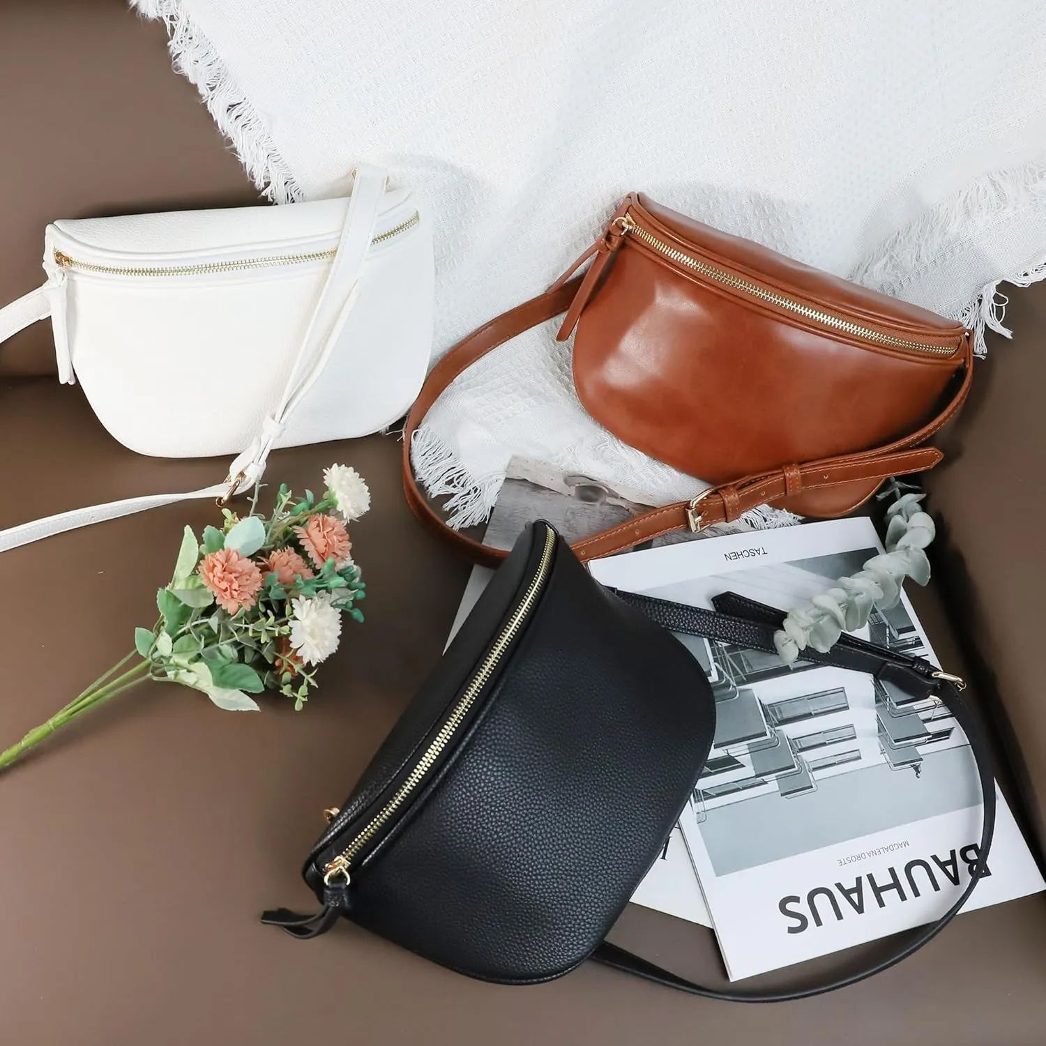 Viva Terry Saddle Crossbody Bags for Women, PU Leather Saddle Satchel Bag Fanny Pack and Cross Body Purse(White)