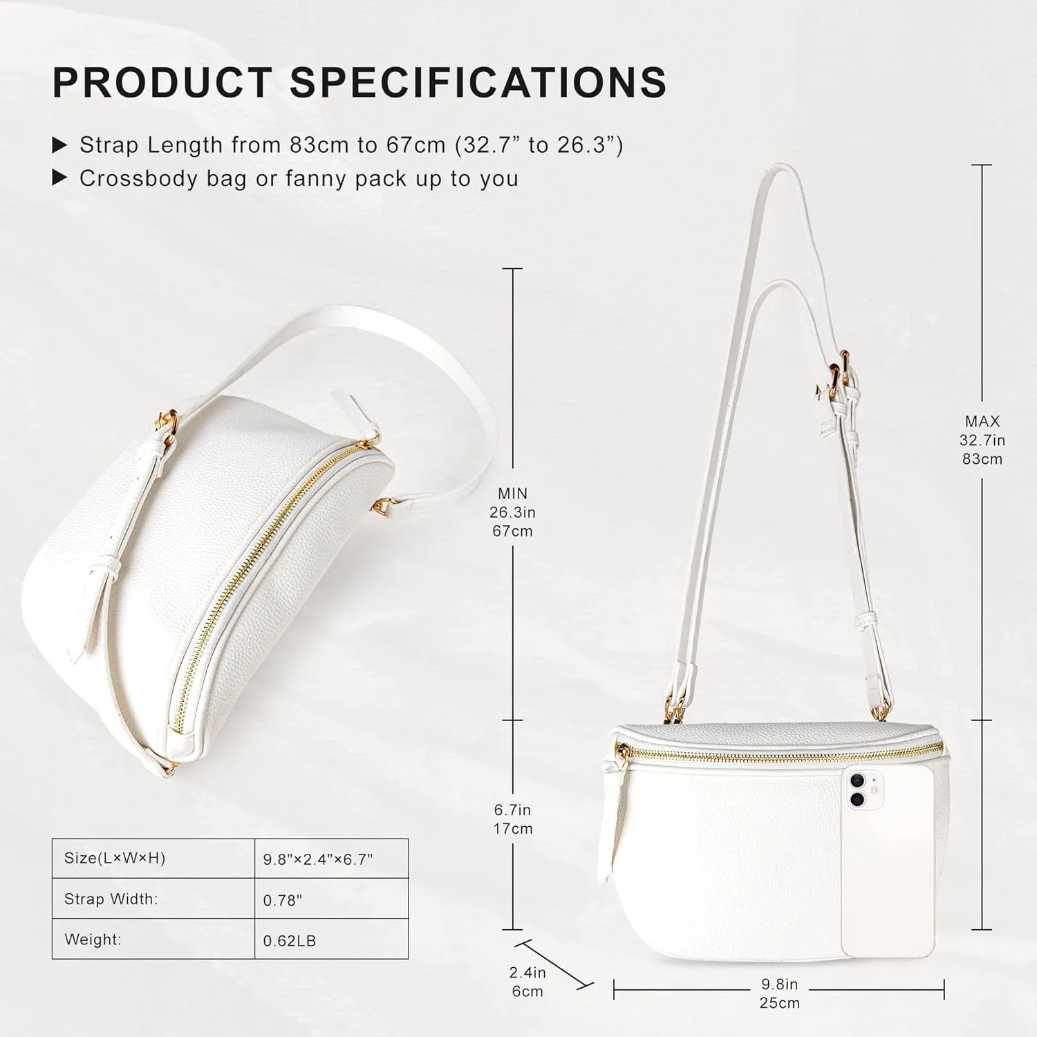 Viva Terry Saddle Crossbody Bags for Women, PU Leather Saddle Satchel Bag Fanny Pack and Cross Body Purse(White)