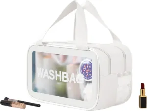 Waterproof Dual-Compartment Travel Toiletry Bag Large Capacity Cosmetic Organizer with Wet and Dry Separation for Skincare Products and Makeup Accessories (White,M(27*15*16 cm/11*6*6 in))
