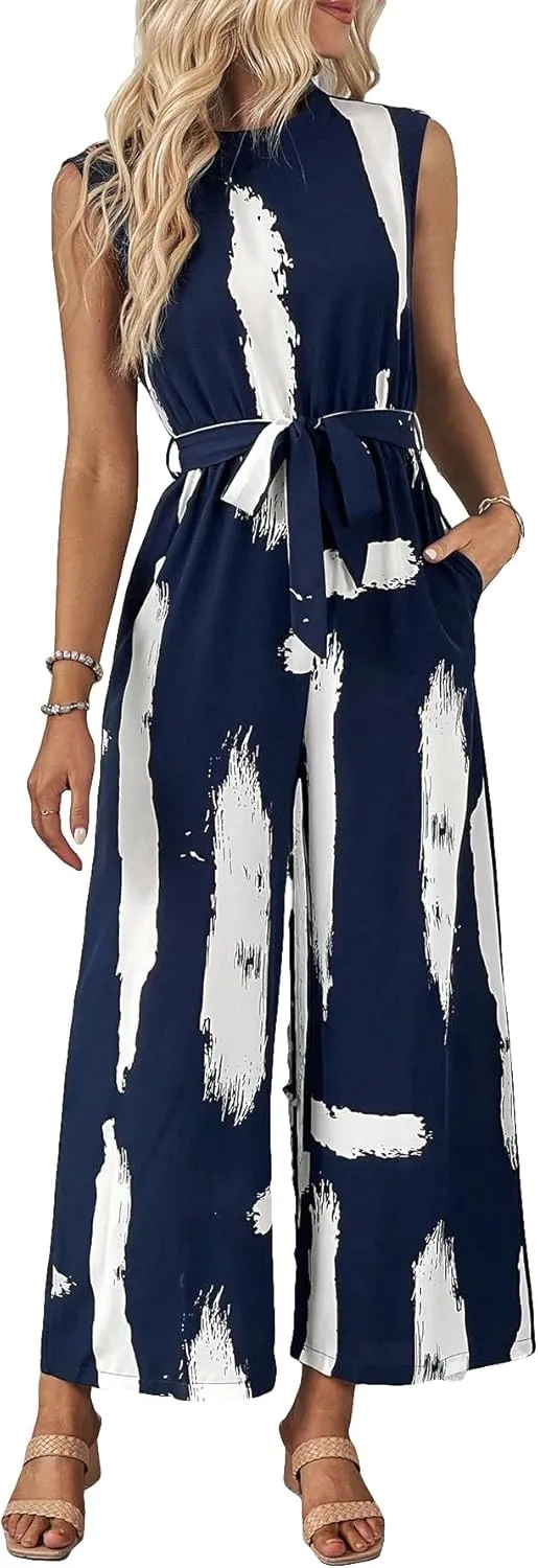 WDIRARA Women's All Over Printed Knot Front Sleeveless Summer Casual Straight Leg Jumpsuits