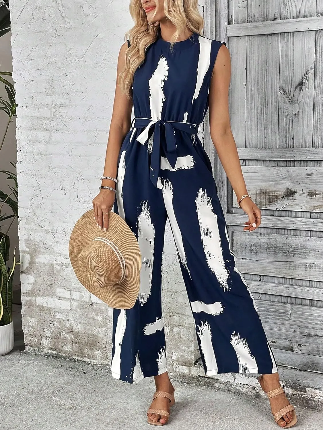 WDIRARA Women's All Over Printed Knot Front Sleeveless Summer Casual Straight Leg Jumpsuits