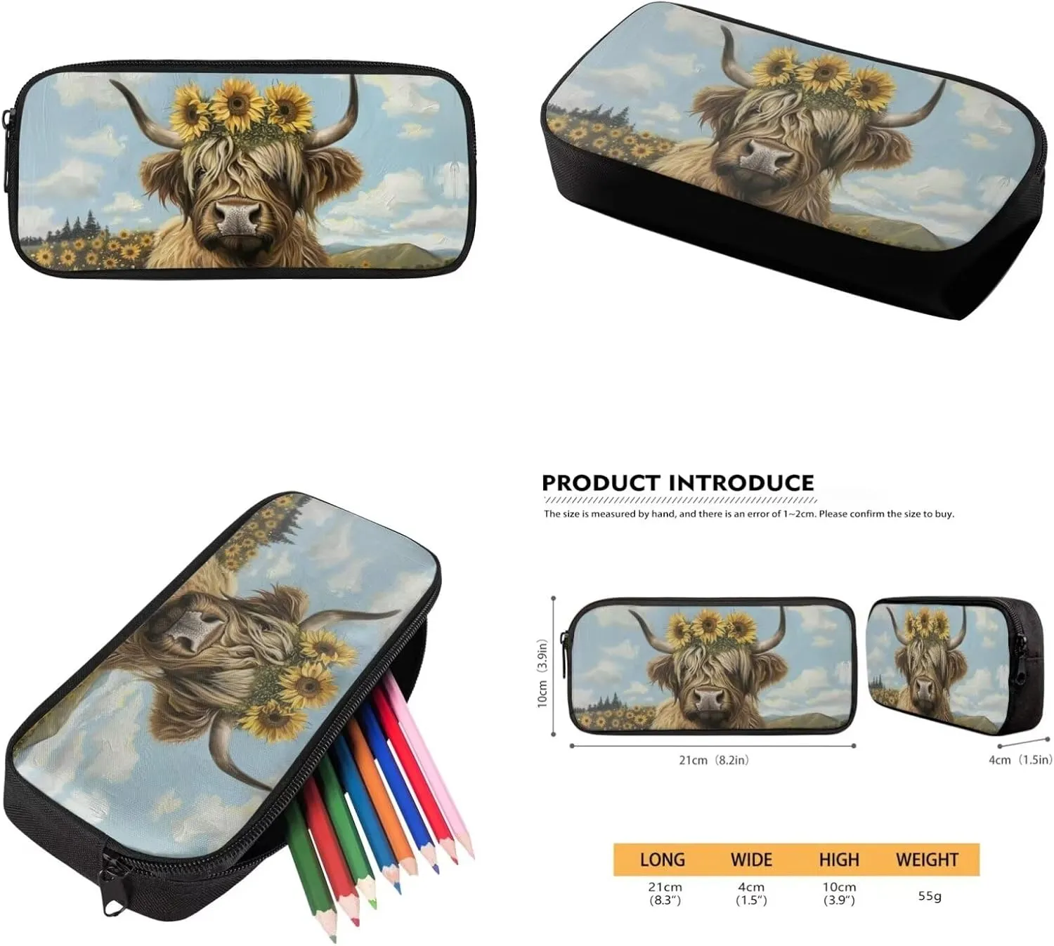WELLFLYHOM Highland Cow School Bag Set 3 In 1 Backpack Purse for Girls Boys Elementary Middle School Bookbag with Lunch Box Pencil Case for Kids Child Rucksack Travel Daypack Back to School