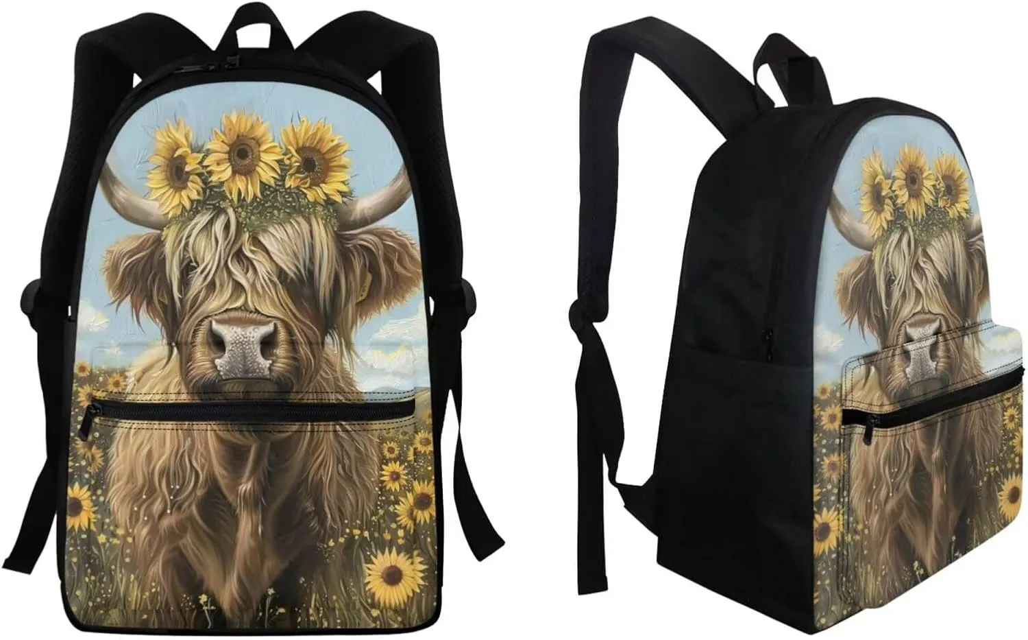 WELLFLYHOM Highland Cow School Bag Set 3 In 1 Backpack Purse for Girls Boys Elementary Middle School Bookbag with Lunch Box Pencil Case for Kids Child Rucksack Travel Daypack Back to School