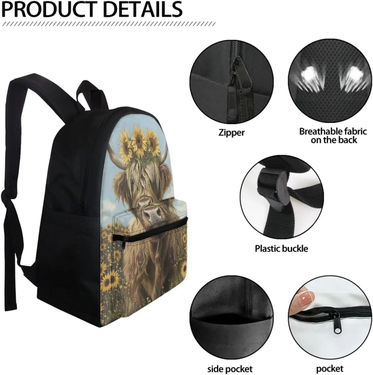 WELLFLYHOM Highland Cow School Bag Set 3 In 1 Backpack Purse for Girls Boys Elementary Middle School Bookbag with Lunch Box Pencil Case for Kids Child Rucksack Travel Daypack Back to School
