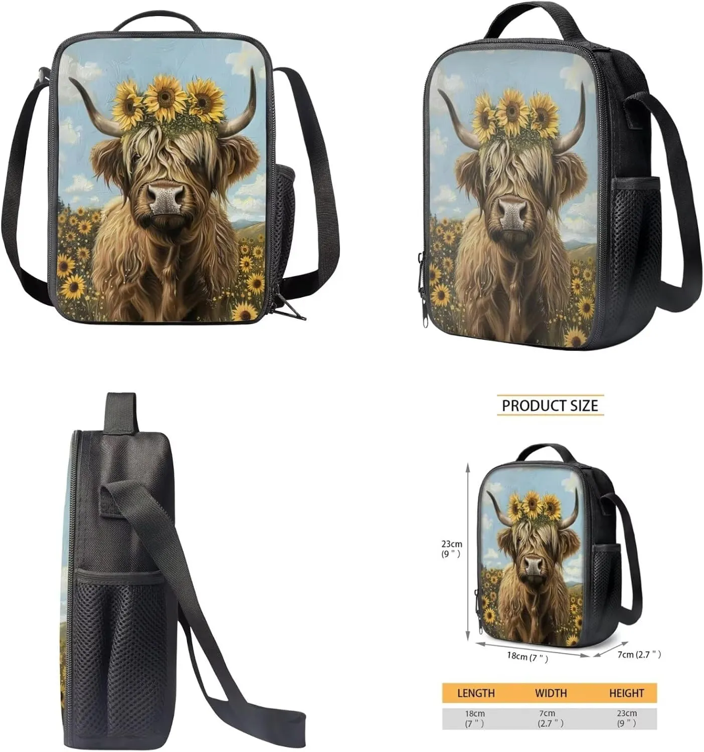 WELLFLYHOM Highland Cow School Bag Set 3 In 1 Backpack Purse for Girls Boys Elementary Middle School Bookbag with Lunch Box Pencil Case for Kids Child Rucksack Travel Daypack Back to School