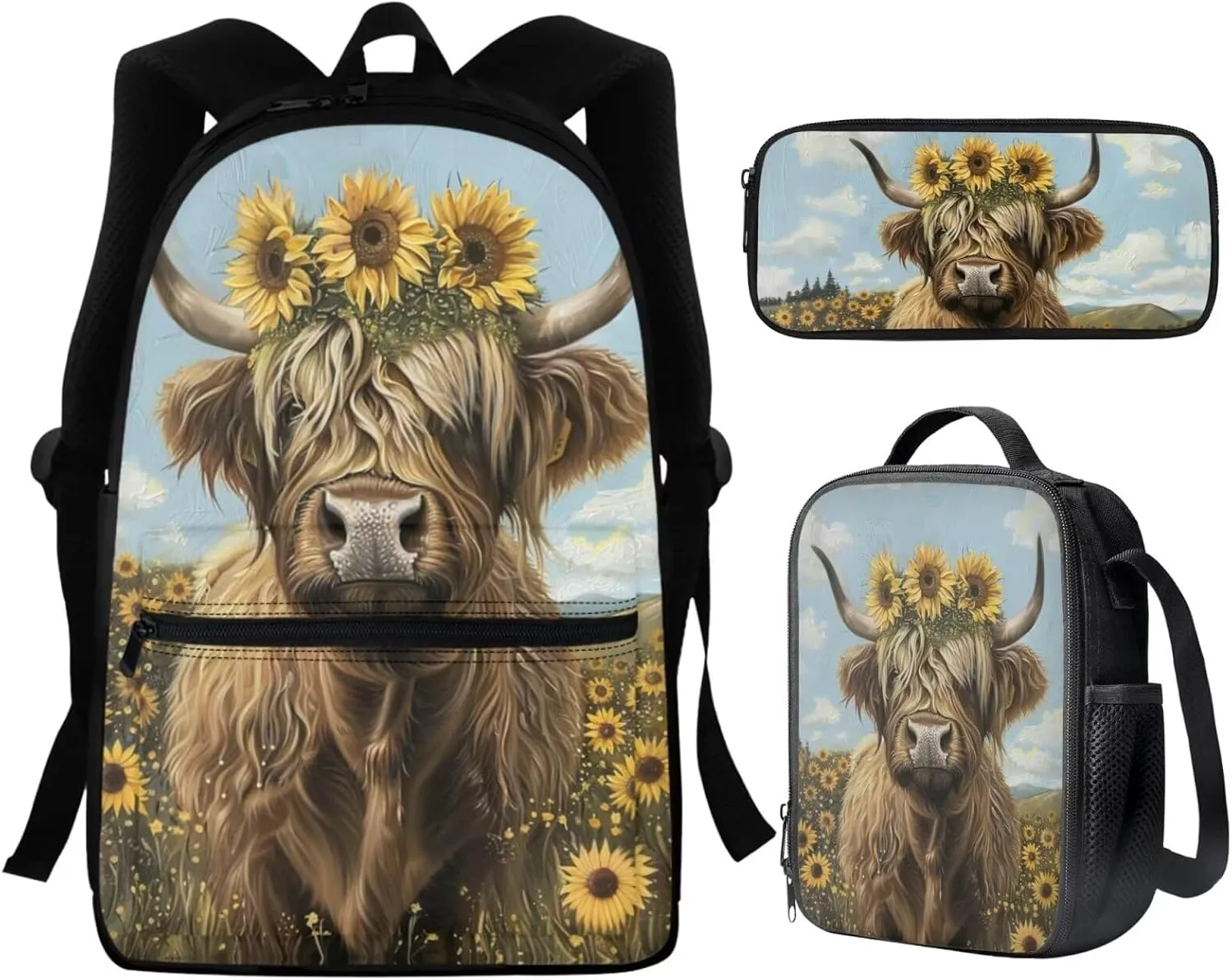 WELLFLYHOM Highland Cow School Bag Set 3 In 1 Backpack Purse for Girls Boys Elementary Middle School Bookbag with Lunch Box Pencil Case for Kids Child Rucksack Travel Daypack Back to School