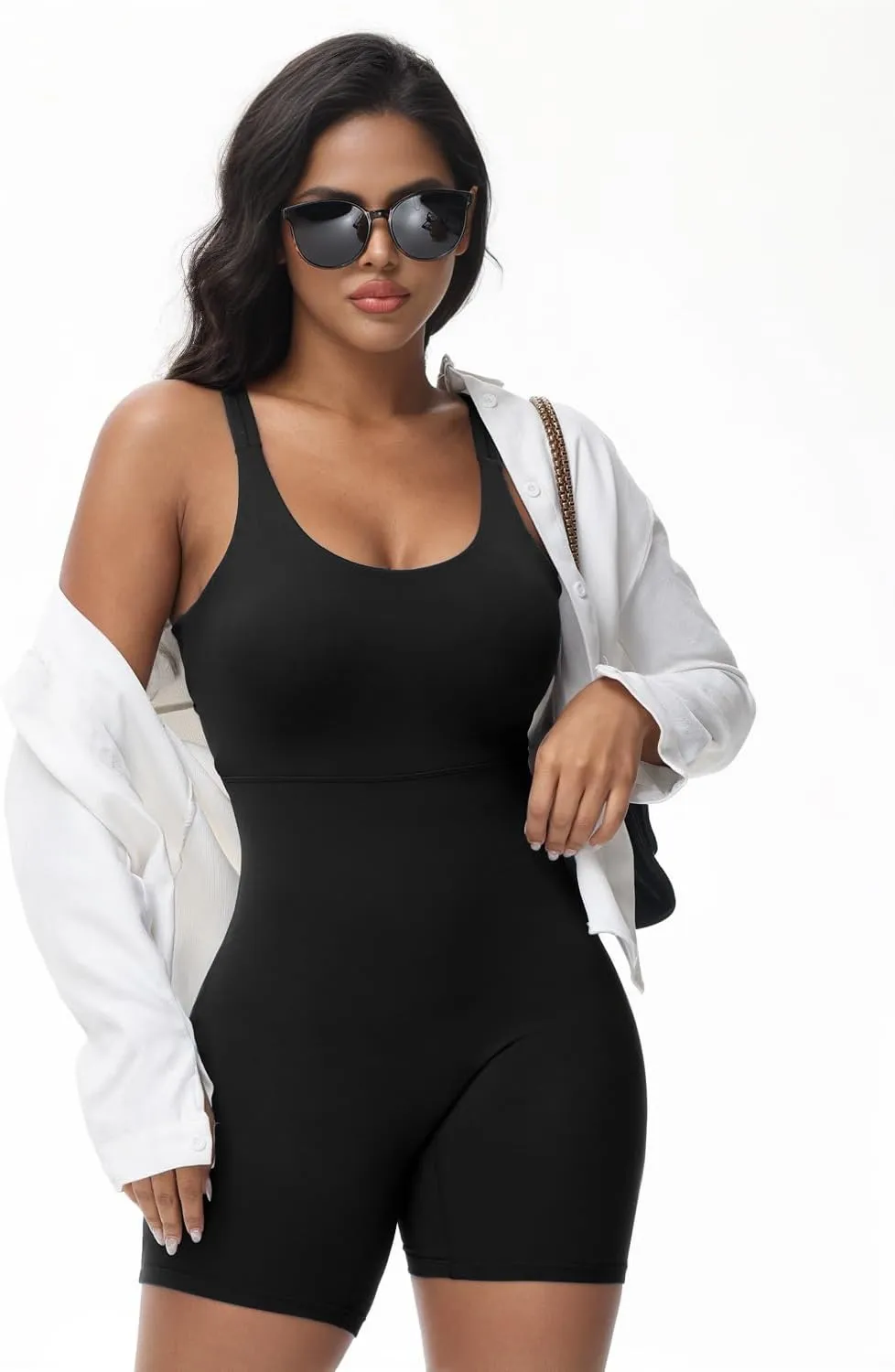 Wenlia Women's One Piece Jumpsuit Sleeveless Short Bodycon Rompers Back Knotted Yoga Workout Bodysuit