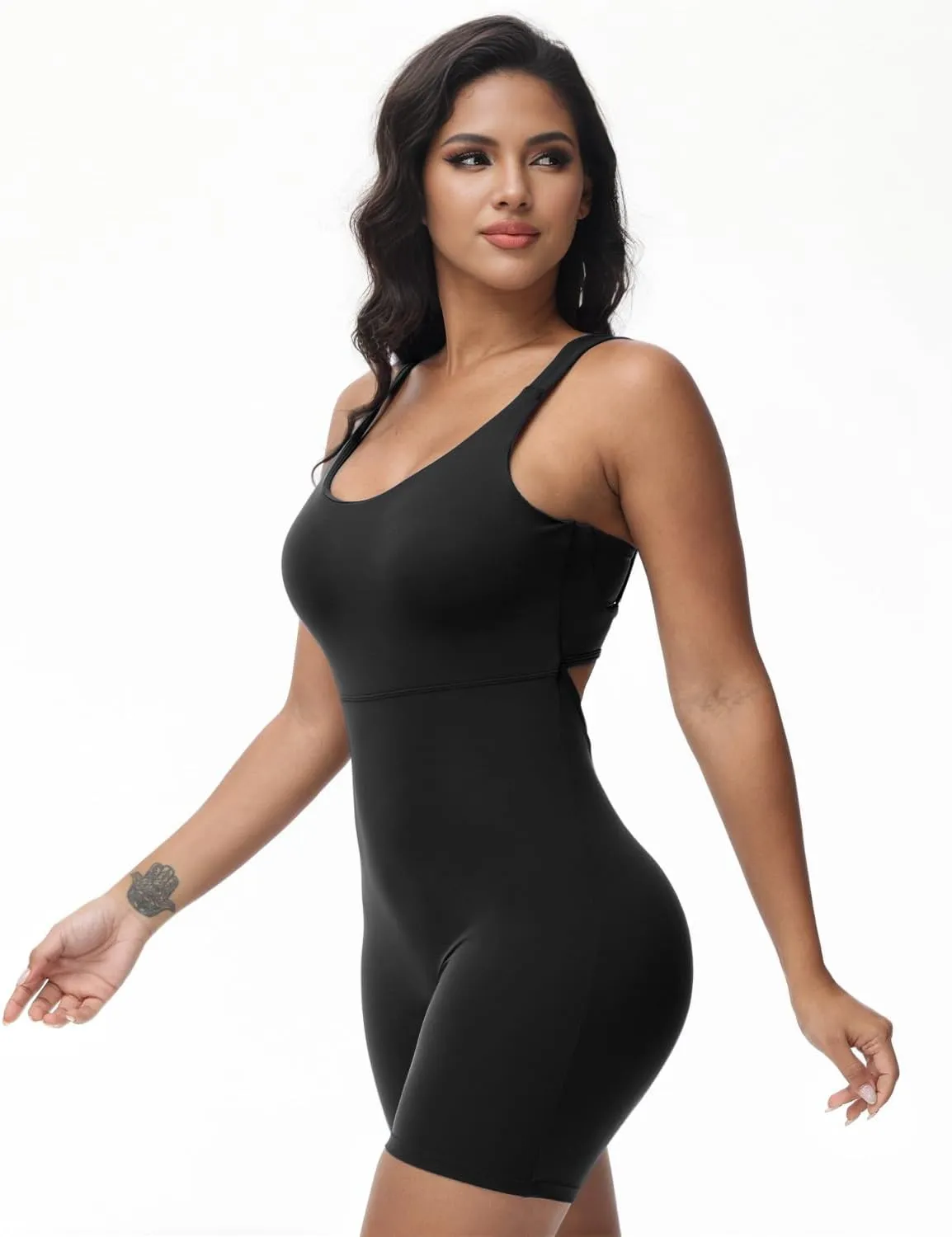 Wenlia Women's One Piece Jumpsuit Sleeveless Short Bodycon Rompers Back Knotted Yoga Workout Bodysuit