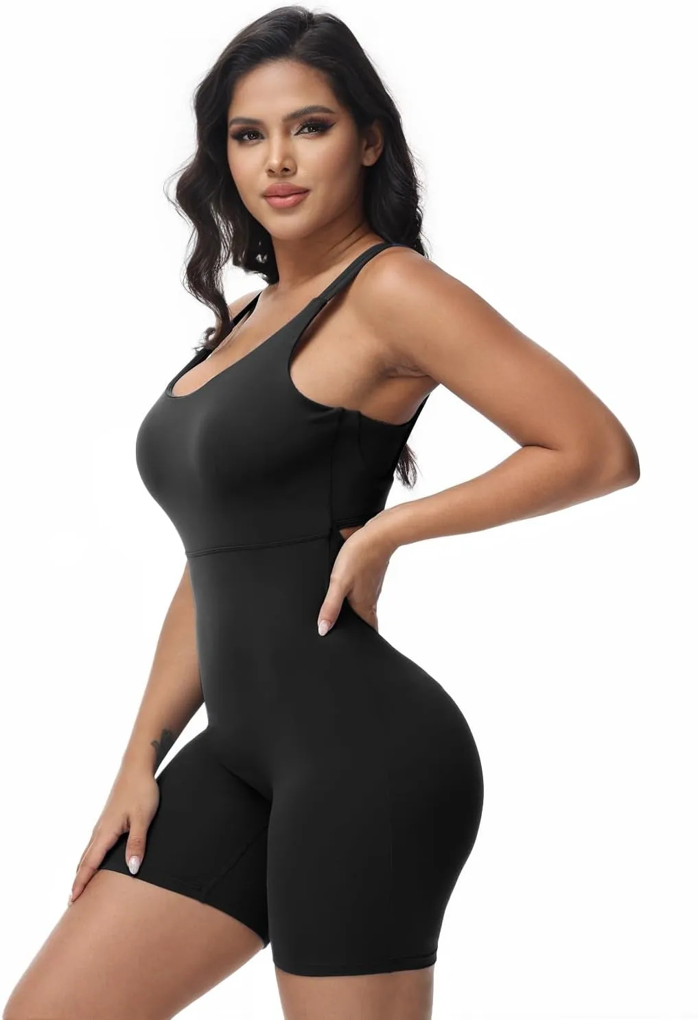 Wenlia Women's One Piece Jumpsuit Sleeveless Short Bodycon Rompers Back Knotted Yoga Workout Bodysuit