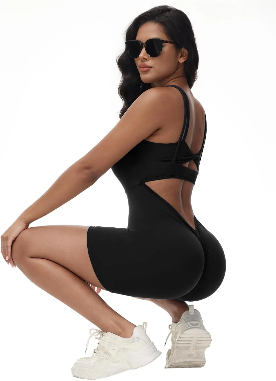 Wenlia Women's One Piece Jumpsuit Sleeveless Short Bodycon Rompers Back Knotted Yoga Workout Bodysuit