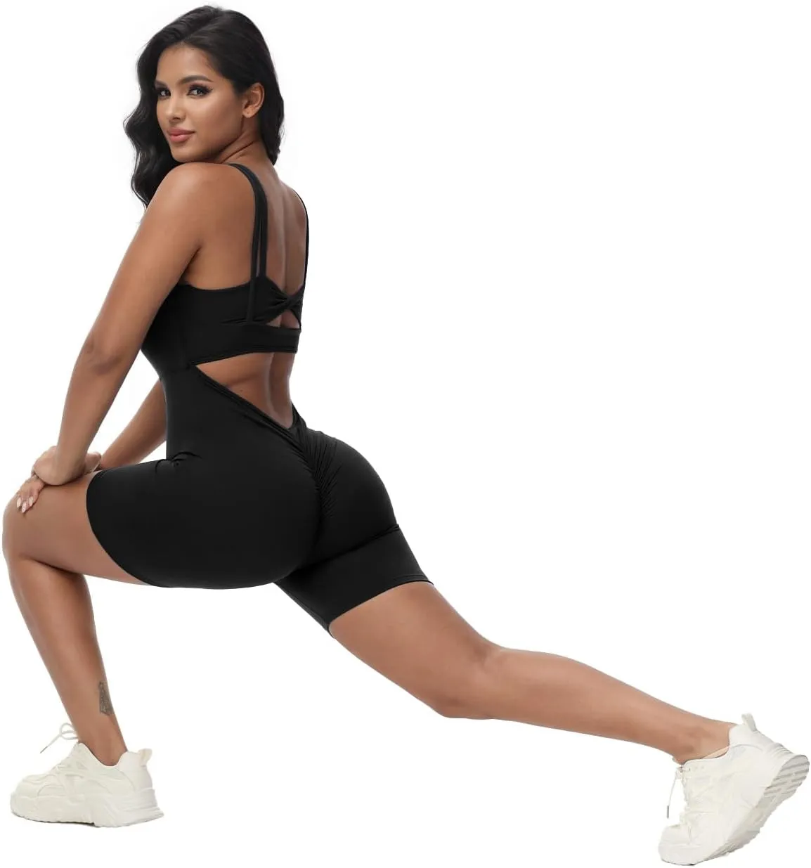 Wenlia Women's One Piece Jumpsuit Sleeveless Short Bodycon Rompers Back Knotted Yoga Workout Bodysuit
