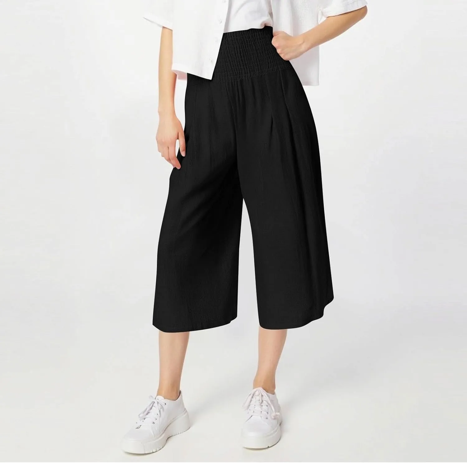 Wide Leg Palazzo Pants for Women Comfy High Waisted Knee Length Pants Elastic Summer Solid 2025 Trouser Shorts Pockets