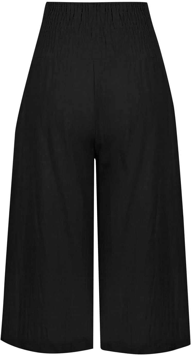 Wide Leg Palazzo Pants for Women Comfy High Waisted Knee Length Pants Elastic Summer Solid 2025 Trouser Shorts Pockets