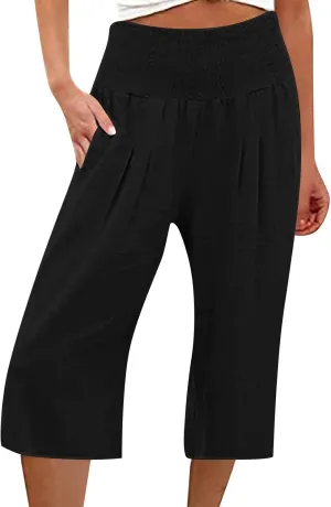 Wide Leg Palazzo Pants for Women Comfy High Waisted Knee Length Pants Elastic Summer Solid 2025 Trouser Shorts Pockets