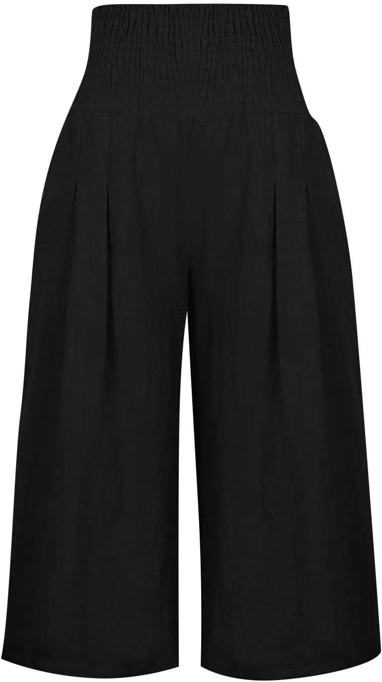 Wide Leg Palazzo Pants for Women Comfy High Waisted Knee Length Pants Elastic Summer Solid 2025 Trouser Shorts Pockets