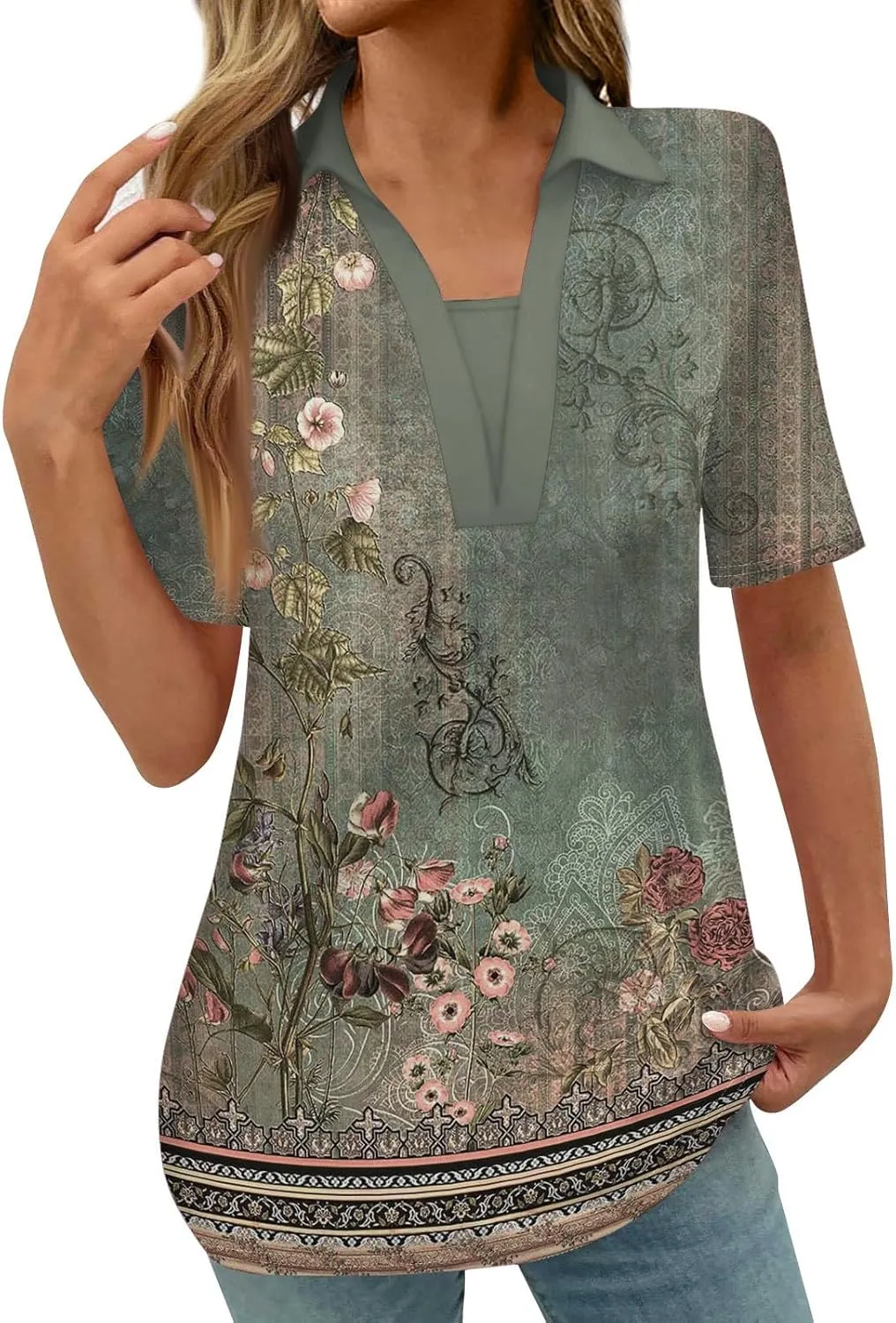 Women 2024 Short Sleeve Summer Tops Floral Boho Trendy Blouses Dressy Causal Tunic Tshirts Cute Vacation Clothes