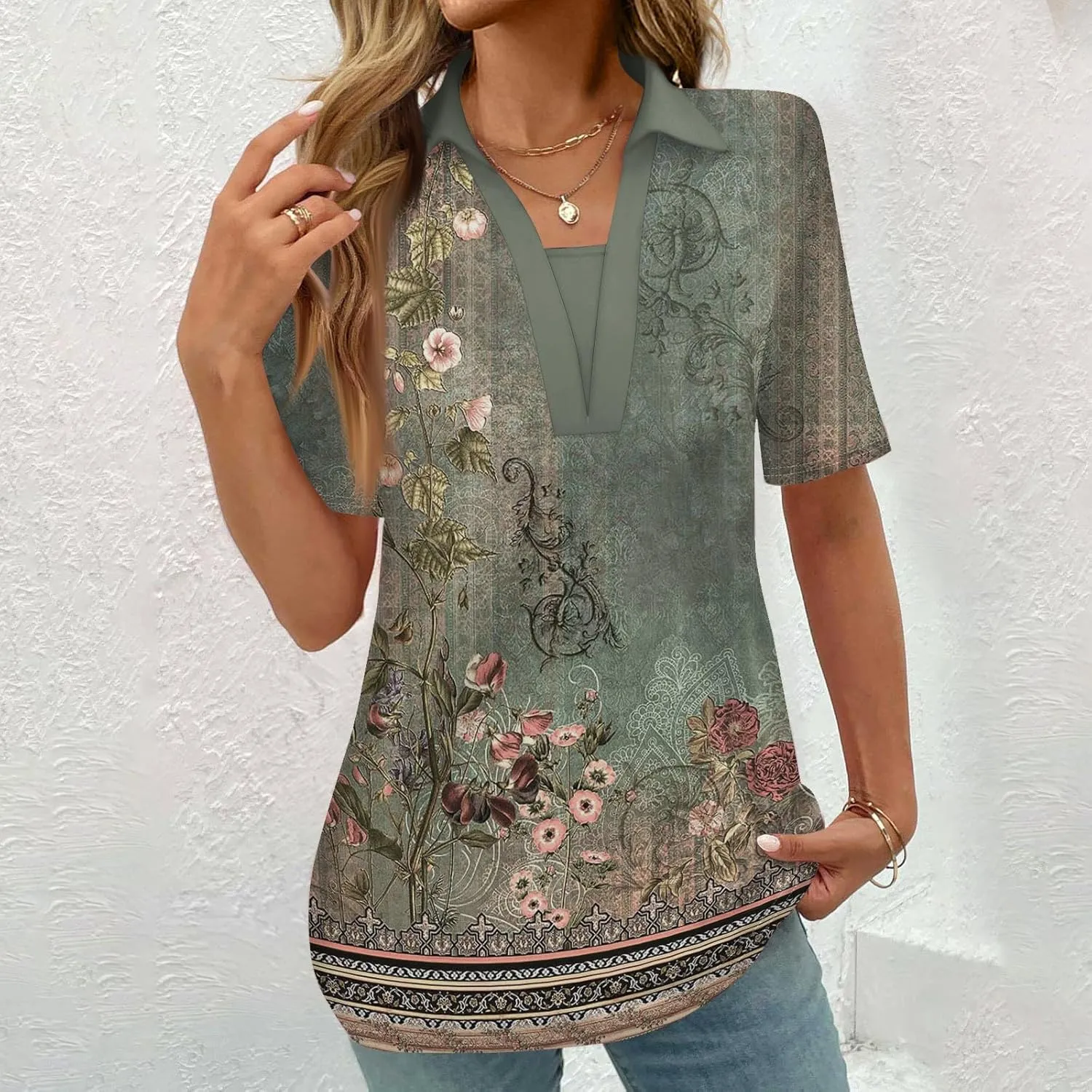 Women 2024 Short Sleeve Summer Tops Floral Boho Trendy Blouses Dressy Causal Tunic Tshirts Cute Vacation Clothes