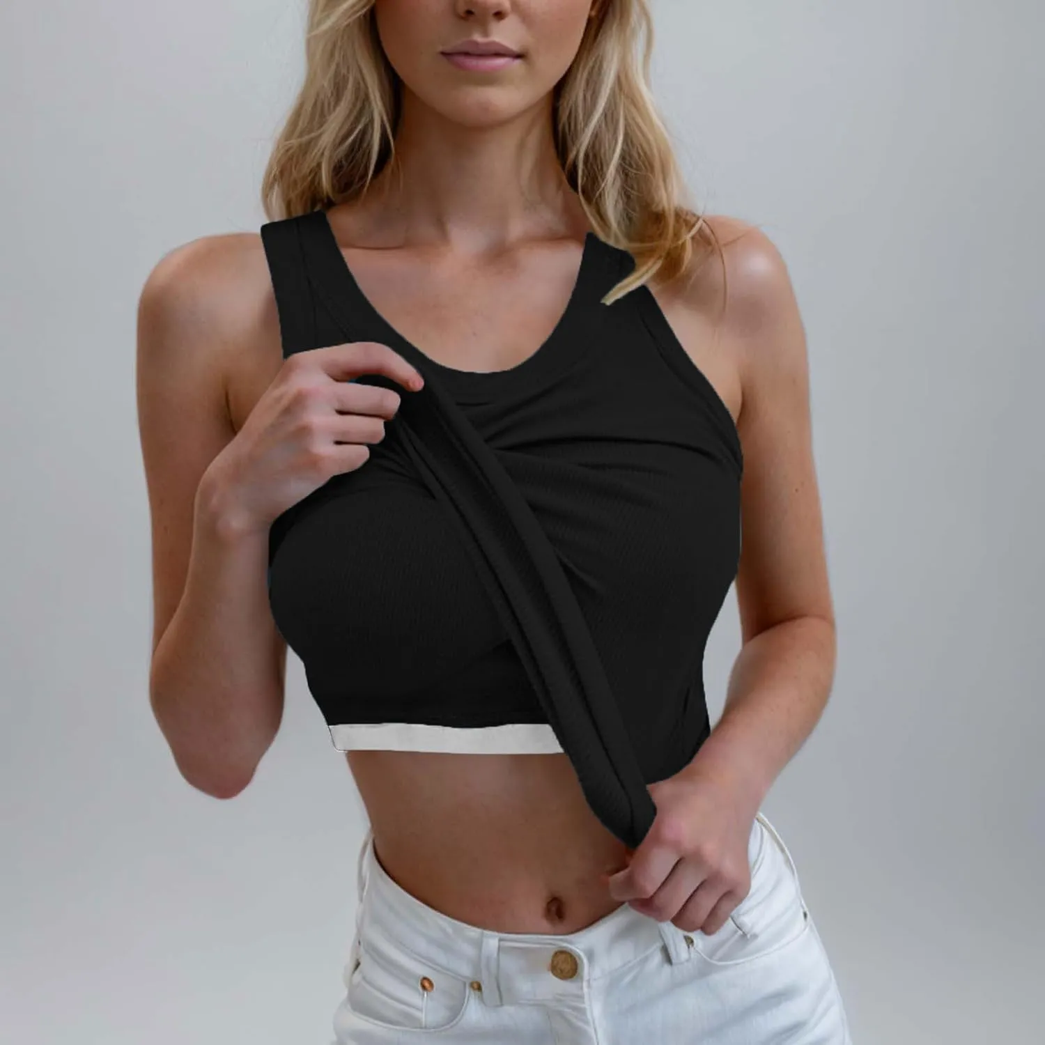 Women 2025 Sleeveless Cropped Tank Ribbed Knit Camisole with Built in Bra Crew Neck Stretch Streetwear Tanks
