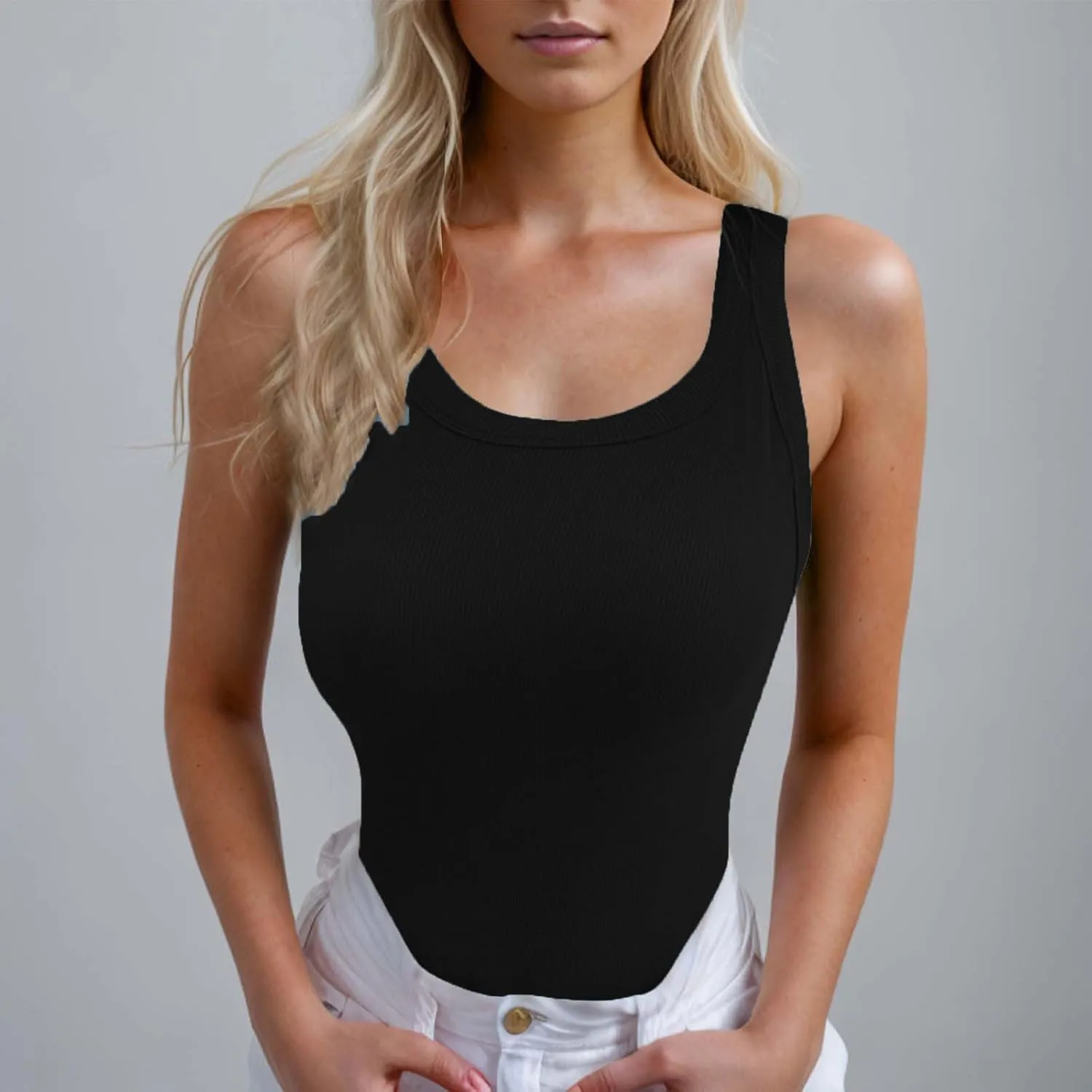 Women 2025 Sleeveless Cropped Tank Ribbed Knit Camisole with Built in Bra Crew Neck Stretch Streetwear Tanks