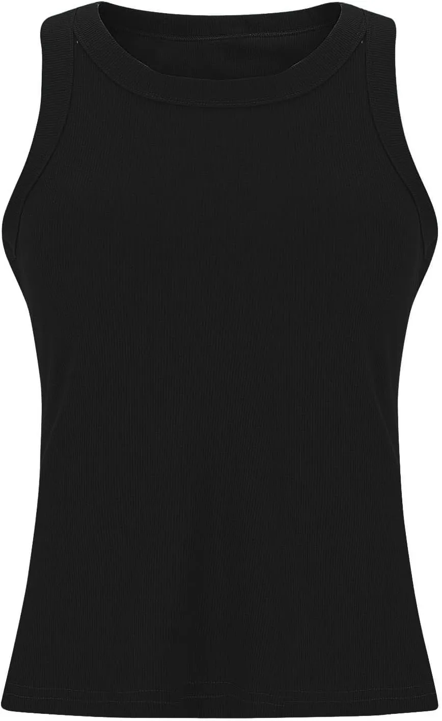 Women 2025 Sleeveless Cropped Tank Ribbed Knit Camisole with Built in Bra Crew Neck Stretch Streetwear Tanks