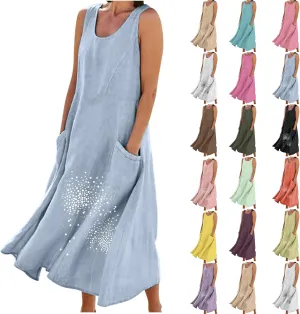 Women 2025 Summer Tank Dress Casual Sleeveless Printed Linen Shirt Dress Flowy Loose Plus Size Maxi Dress with Pocket