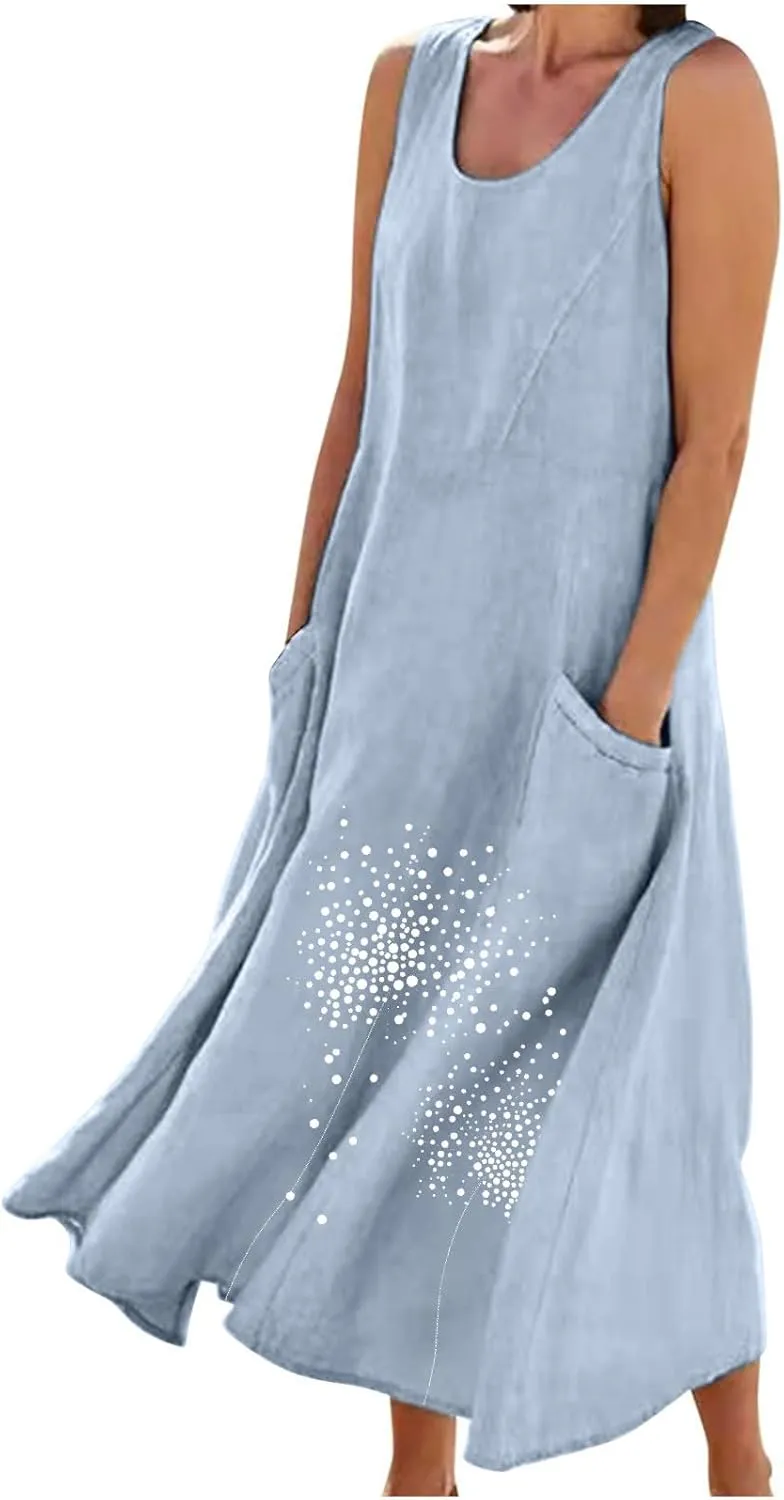 Women 2025 Summer Tank Dress Casual Sleeveless Printed Linen Shirt Dress Flowy Loose Plus Size Maxi Dress with Pocket