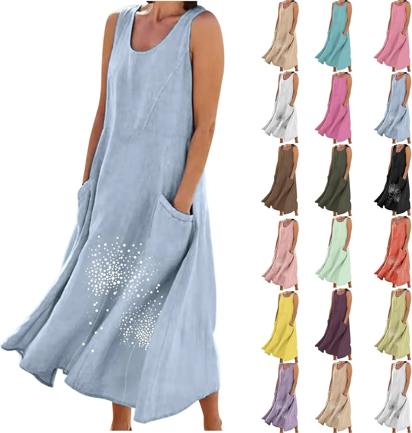 Women 2025 Summer Tank Dress Casual Sleeveless Printed Linen Shirt Dress Flowy Loose Plus Size Maxi Dress with Pocket