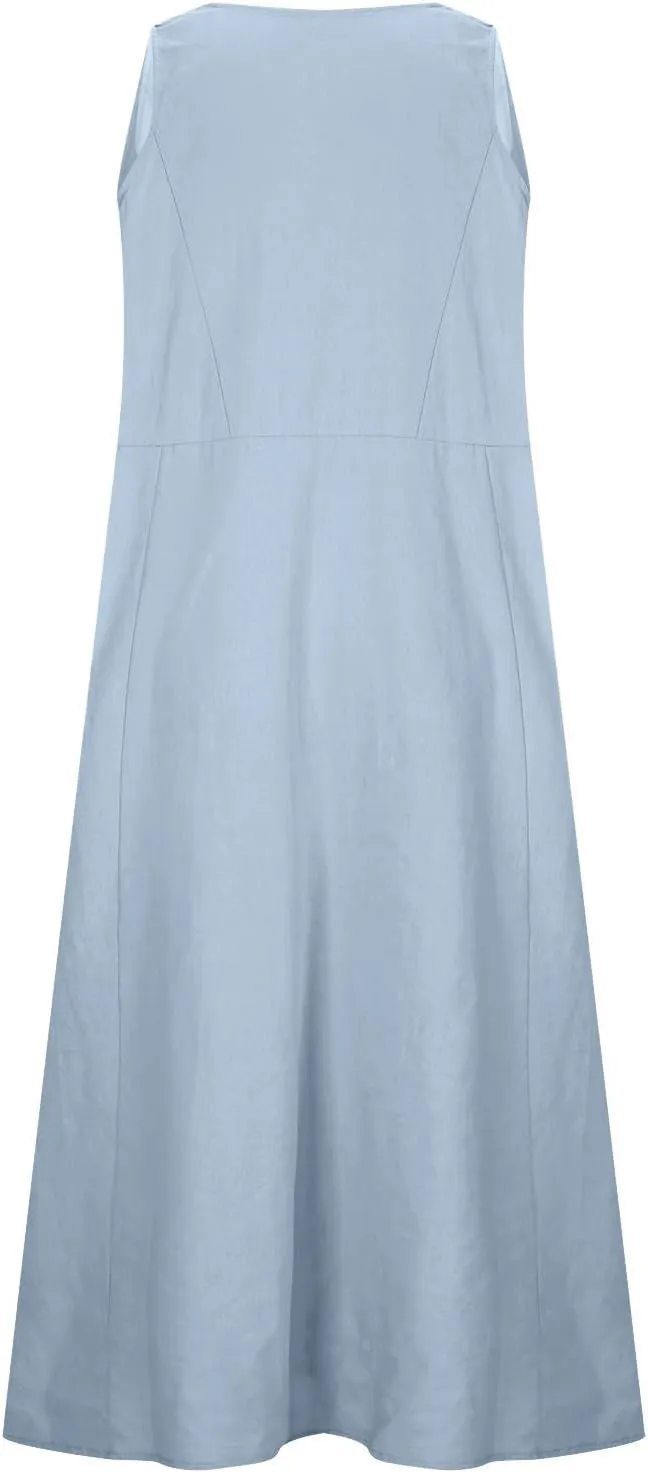 Women 2025 Summer Tank Dress Casual Sleeveless Printed Linen Shirt Dress Flowy Loose Plus Size Maxi Dress with Pocket