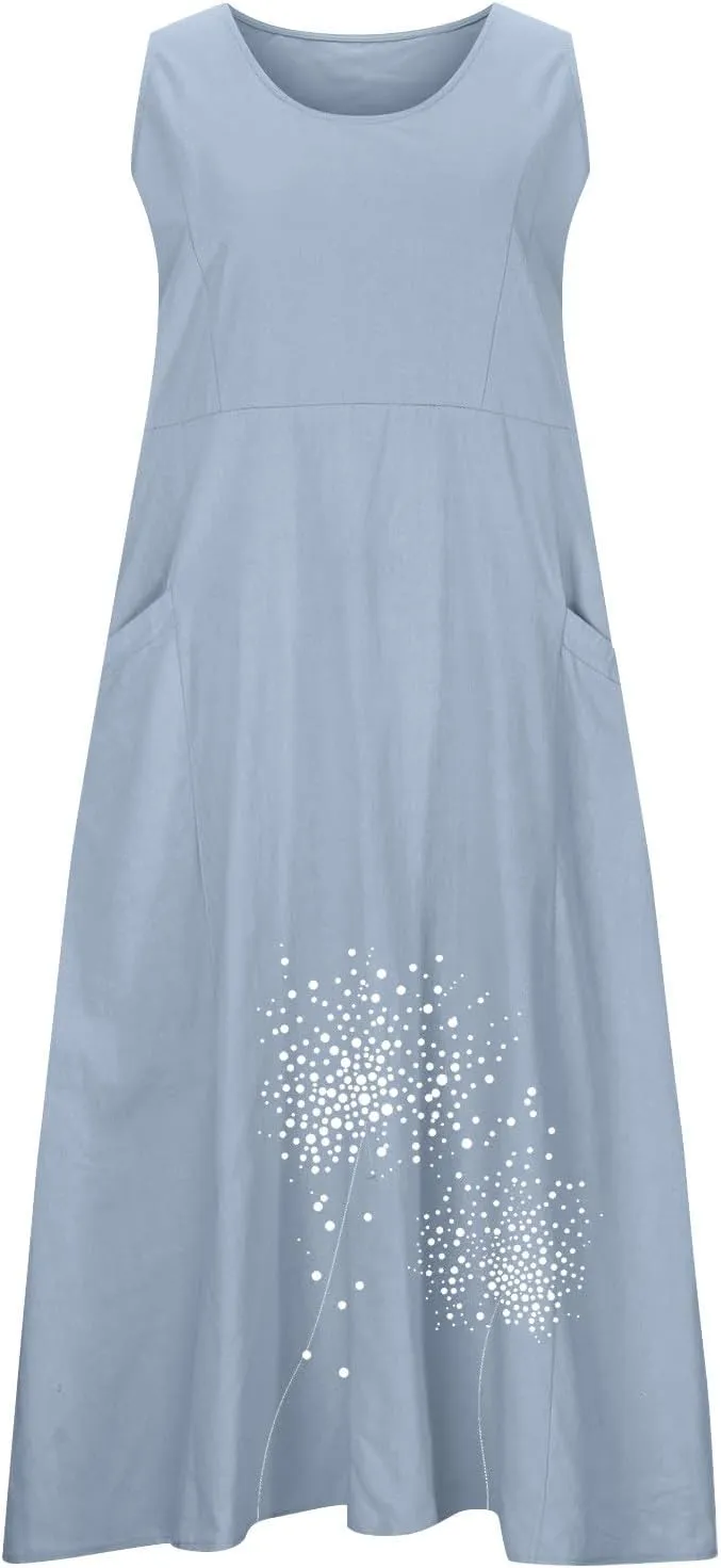 Women 2025 Summer Tank Dress Casual Sleeveless Printed Linen Shirt Dress Flowy Loose Plus Size Maxi Dress with Pocket
