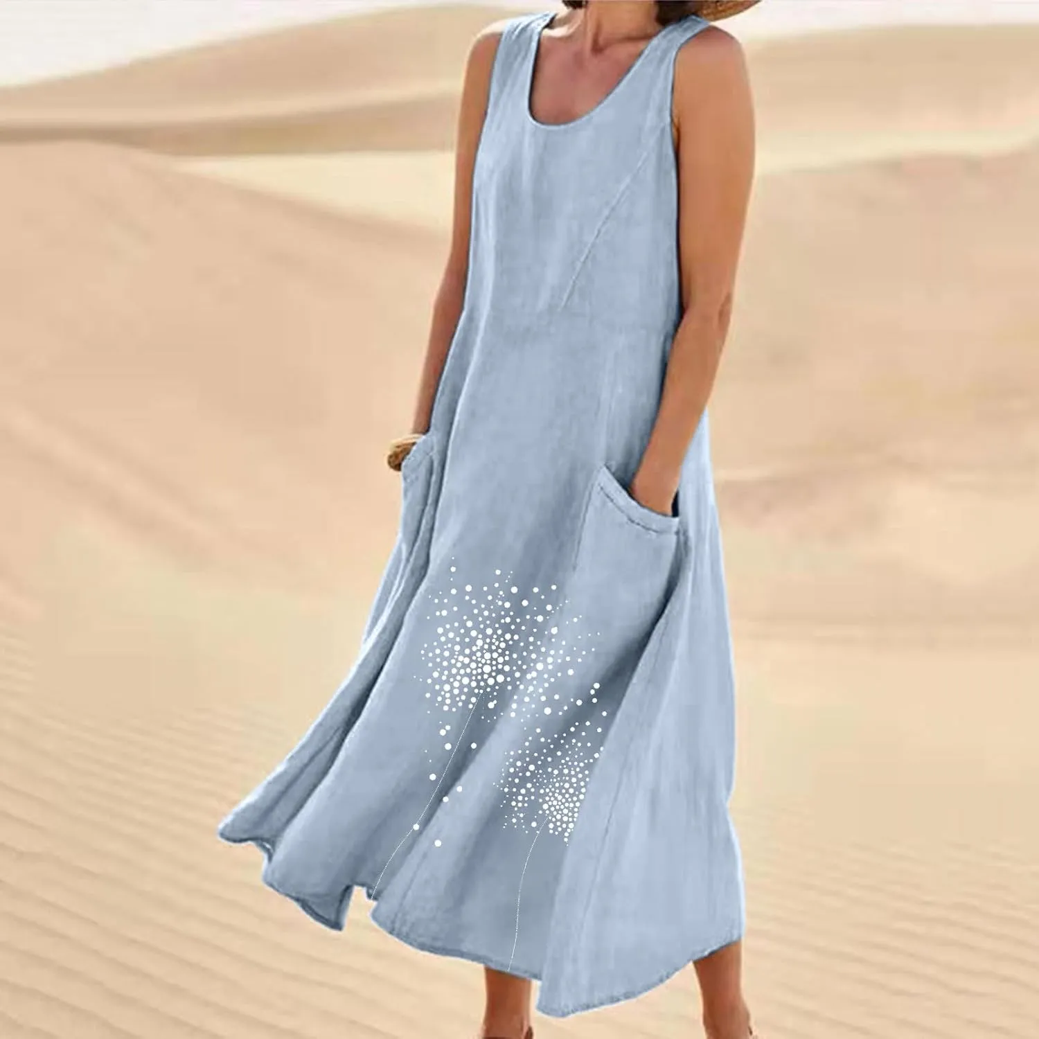 Women 2025 Summer Tank Dress Casual Sleeveless Printed Linen Shirt Dress Flowy Loose Plus Size Maxi Dress with Pocket
