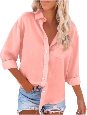 Women Button Down Linen Shirts Loose Fit Gauze Summer Tops Long Sleeve Casual Blouses Shirt Beach Trendy Clothes 2024