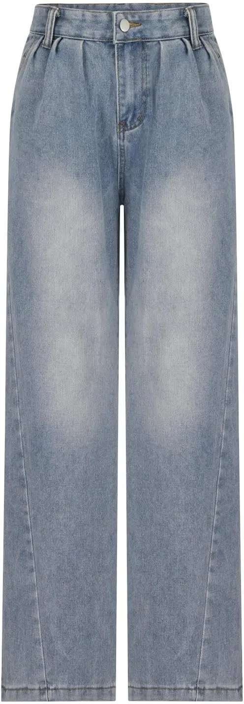 Women Button Zipper High Waisted Denim Pants Casual Loose Wide Leg Jeans Straight Baggy Trousers Vintage Y2K Streetwear