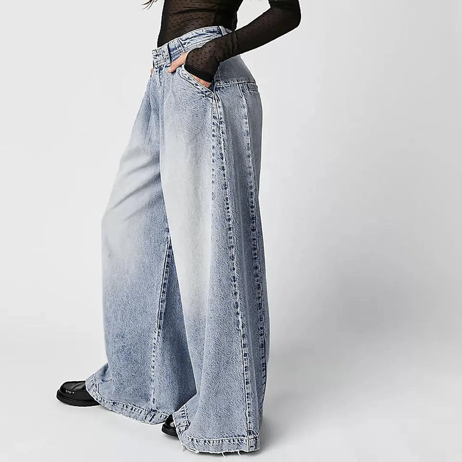 Women Button Zipper High Waisted Denim Pants Casual Loose Wide Leg Jeans Straight Baggy Trousers Vintage Y2K Streetwear