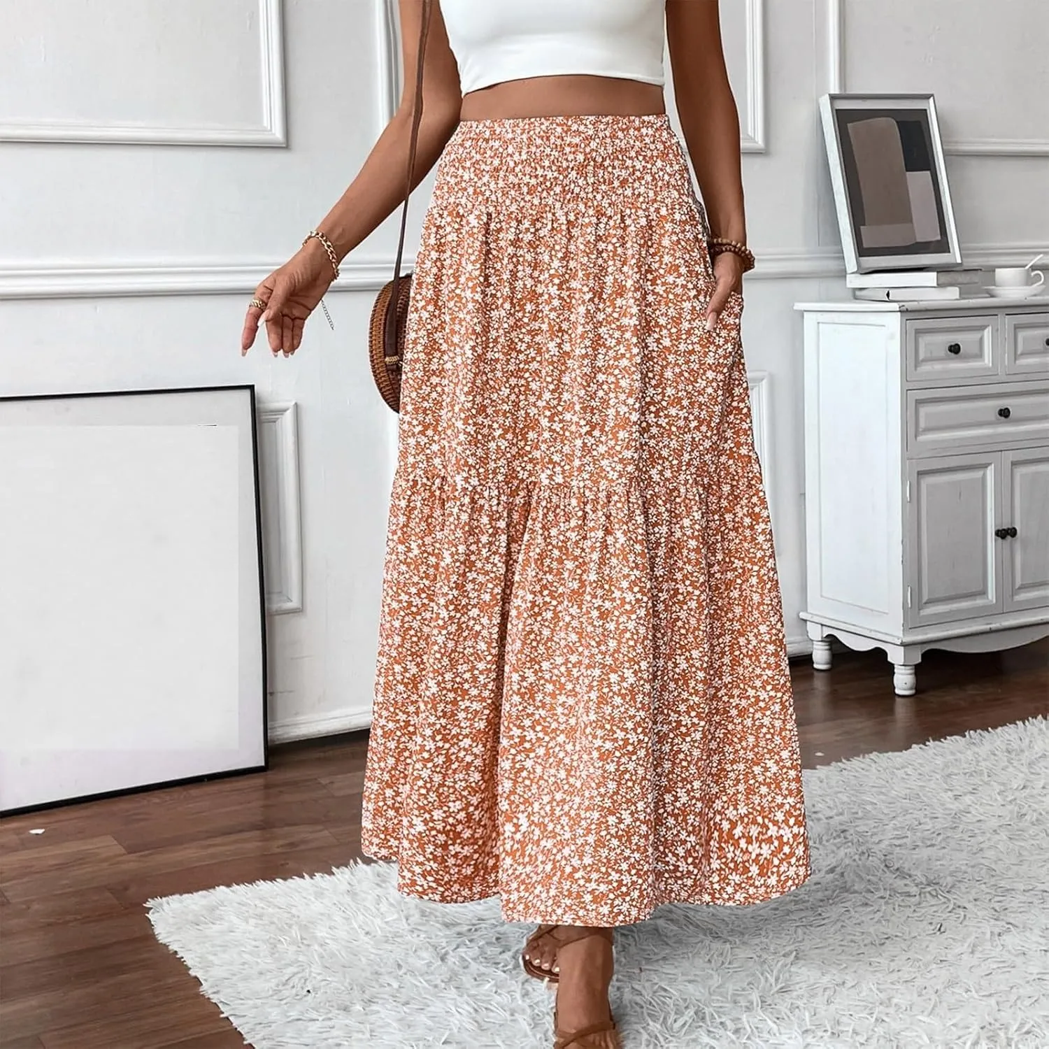 Women Casual Summer Boho Floral Maxi Skirt Elastic High Waist Tiered Pleated Flowy Long Beach Skirt