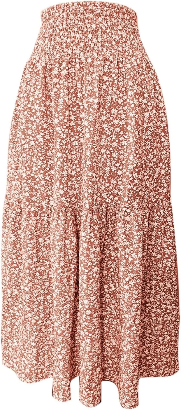Women Casual Summer Boho Floral Maxi Skirt Elastic High Waist Tiered Pleated Flowy Long Beach Skirt