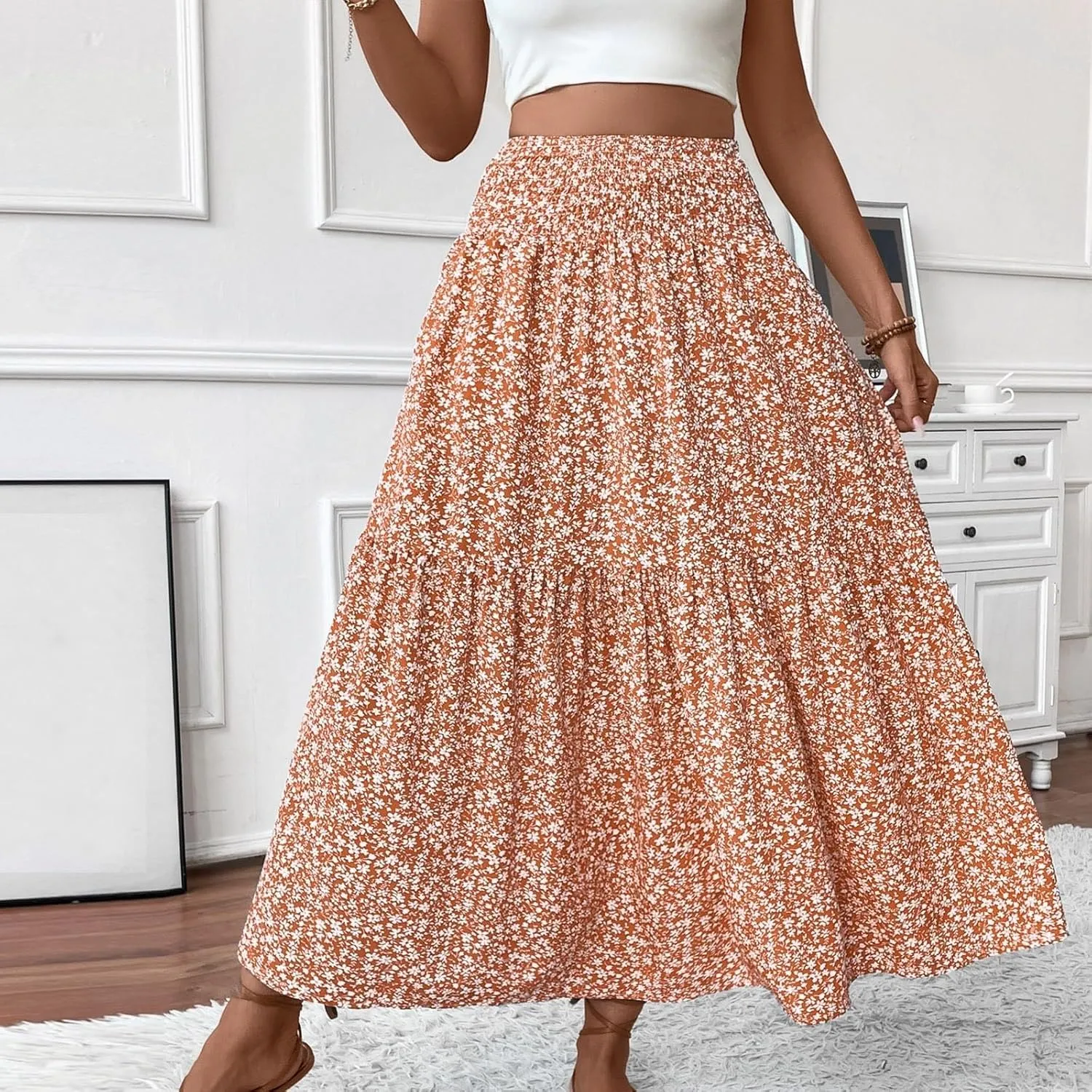 Women Casual Summer Boho Floral Maxi Skirt Elastic High Waist Tiered Pleated Flowy Long Beach Skirt