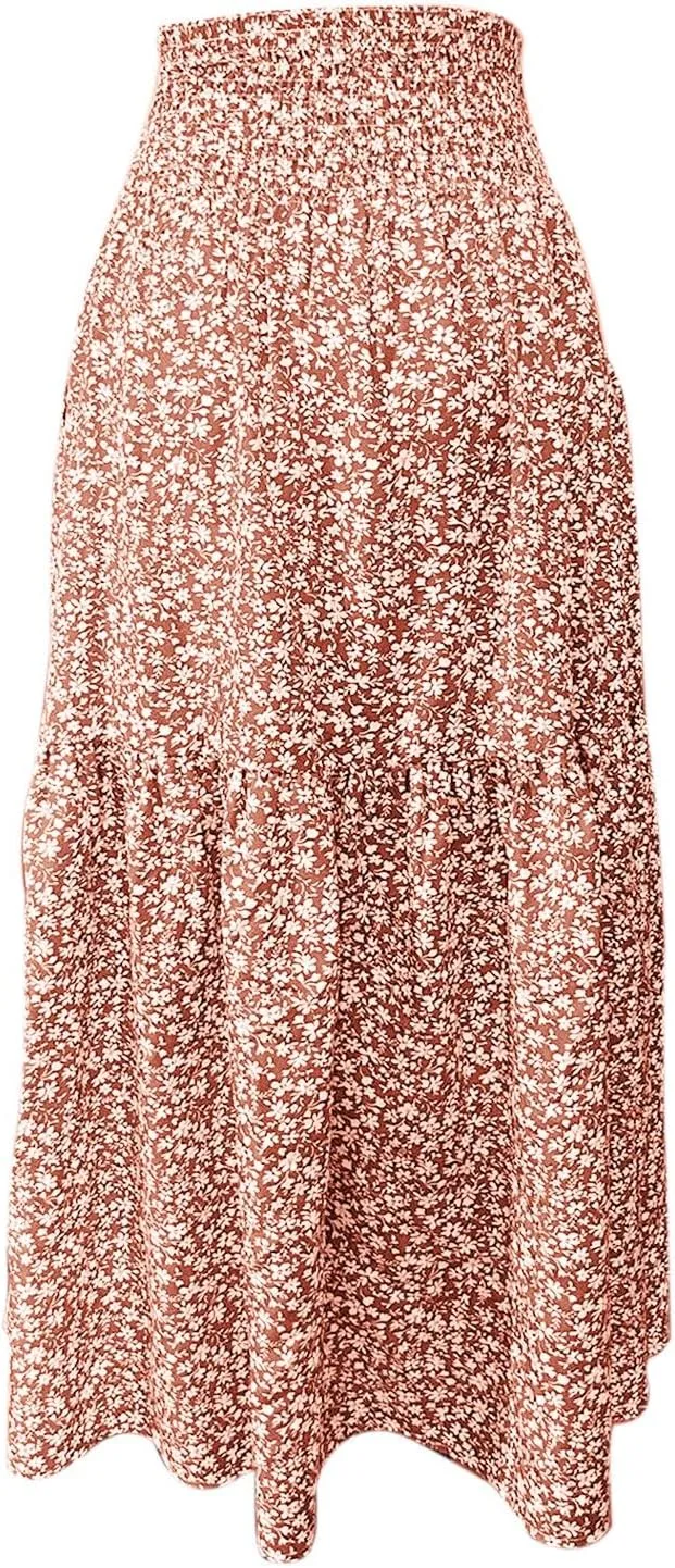Women Casual Summer Boho Floral Maxi Skirt Elastic High Waist Tiered Pleated Flowy Long Beach Skirt
